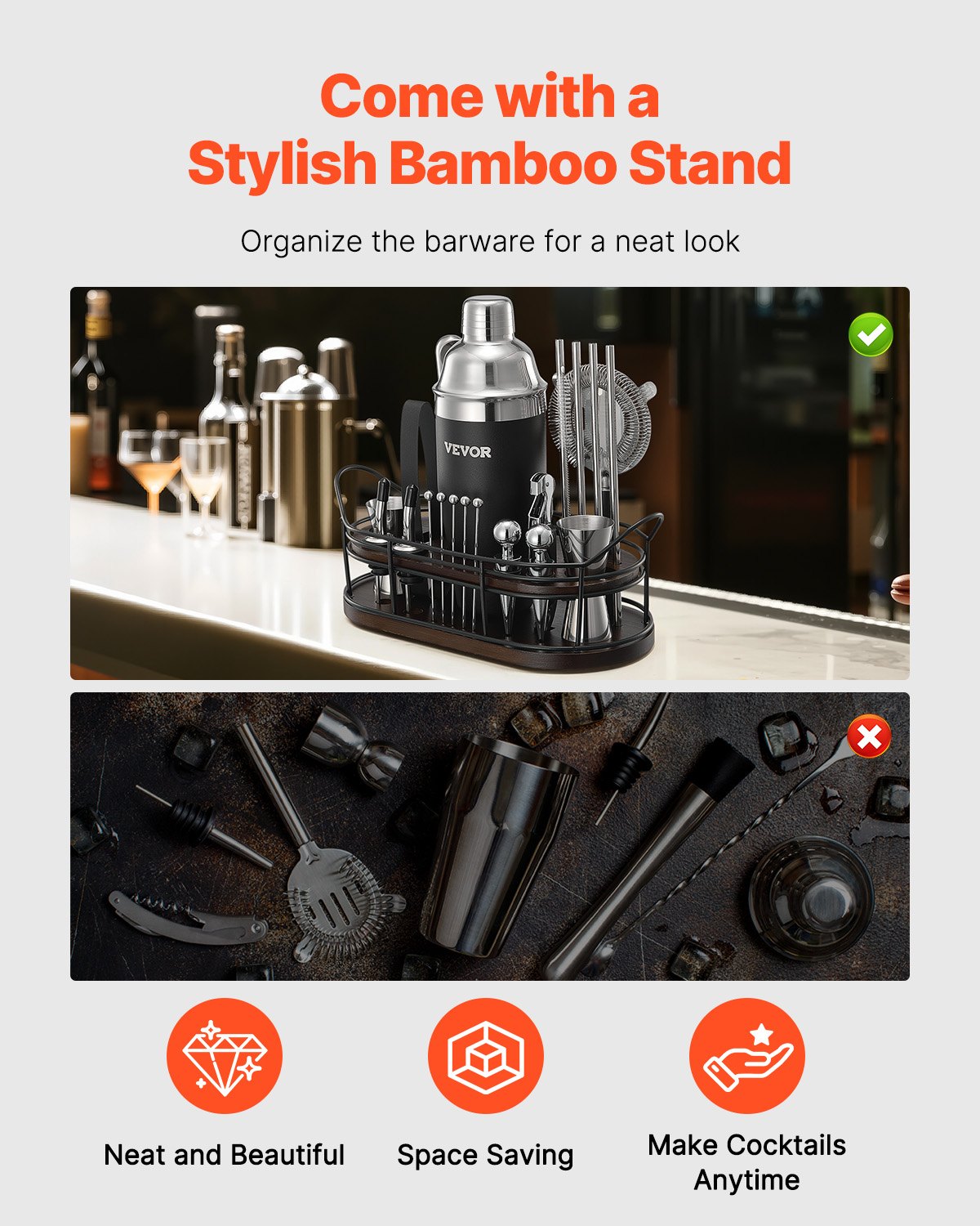 VEVOR Cocktail Shaker Set, 23-Piece Stainless Steel Bar Tools with Bamboo Stand, Martini Bartender Kit Accessories | Mixer Spoon, Muddler, Jiggers, Strainer, Liquor Pourers, Ice Tong, Corkscrew