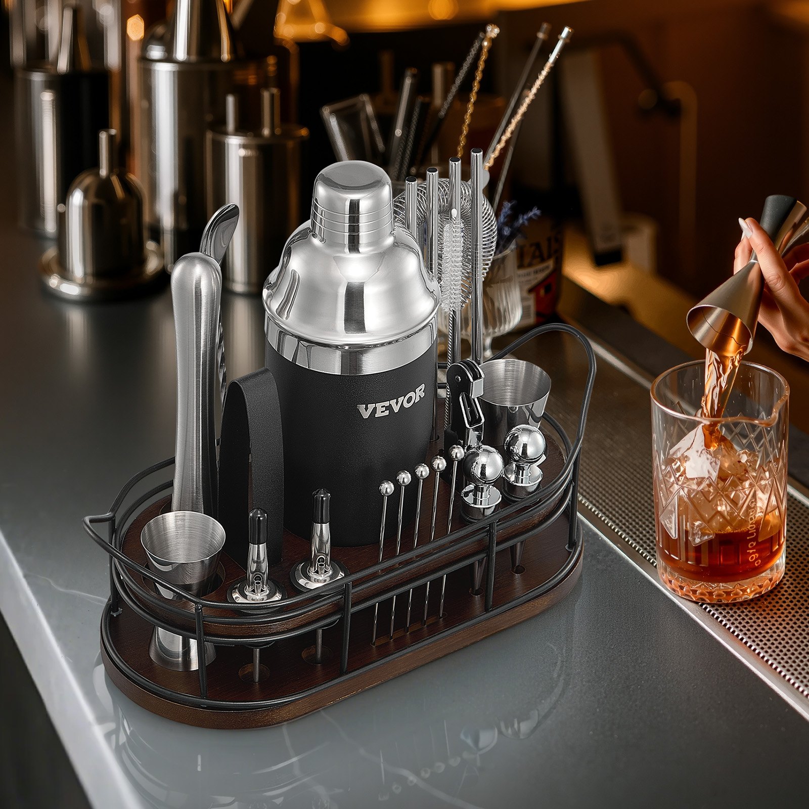 VEVOR Cocktail Shaker Set, 23-Piece Stainless Steel Bar Tools with Bamboo Stand, Martini Bartender Kit Accessories | Mixer Spoon, Muddler, Jiggers, Strainer, Liquor Pourers, Ice Tong, Corkscrew