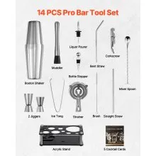 VEVOR Cocktail Shaker Set 14 Pcs Bartender Kit Stainless Steel Bar Tools Silver