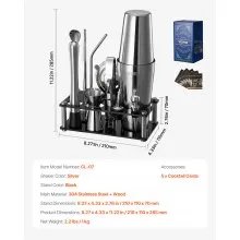 VEVOR Cocktail Shaker Set 14 Pcs Bartender Kit Stainless Steel Bar Tools Silver