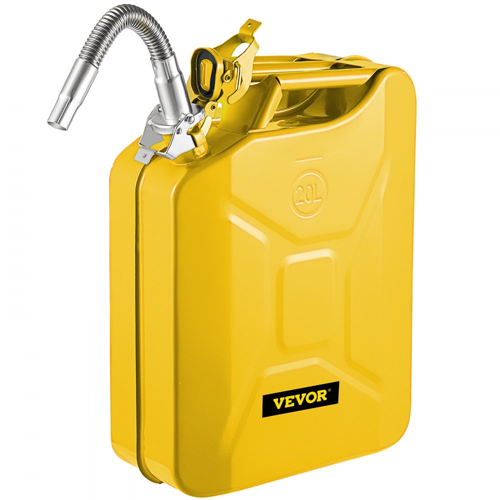 Lata de combustível VEVOR Jerry, lata de gás Jerry portátil de 5,3 galões / 20 L com sistema de bico flexível, à prova de ferrugem e tanque de combustível de aço resistente ao calor para carros e caminhões, amarelo