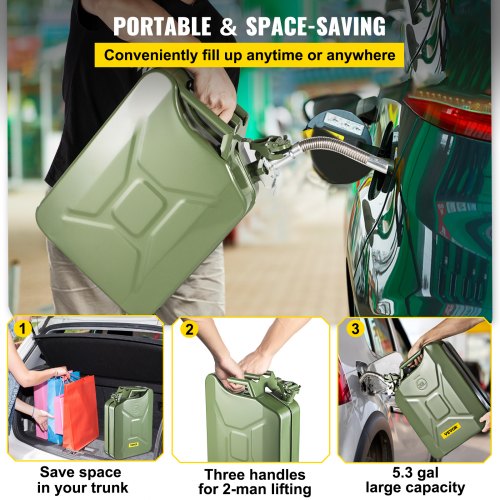 VEVOR Jerry Fuel Can, 5.3 Gallon / 20 L Portable Jerry Gas Can with Flexible Spout System, Rustproof ＆ Heat-resistant Steel Fuel Tank for Cars Trucks Equipment, 2PCS Green