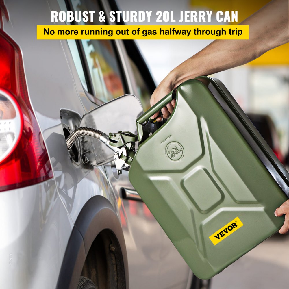VEVOR Jerry Fuel Can, 5.3 Gallon / 20 L Portable Jerry Gas Can with Flexible Spout System, Rustproof & Heat-resistant Steel Fuel Tank for Cars Trucks Equipment, Green