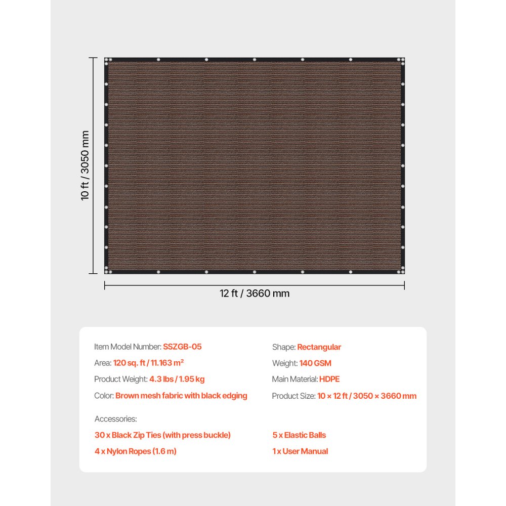 VEVOR 90% Sun Shade Cloth, 305 x 366 cm Pergola Shade Cover with Stainless Steel Grommets, Sun Shades Canopy Privacy Screen with 140 GSM HDPE Material, for Outdoor, Patio, Garden & Backyard (Brown)