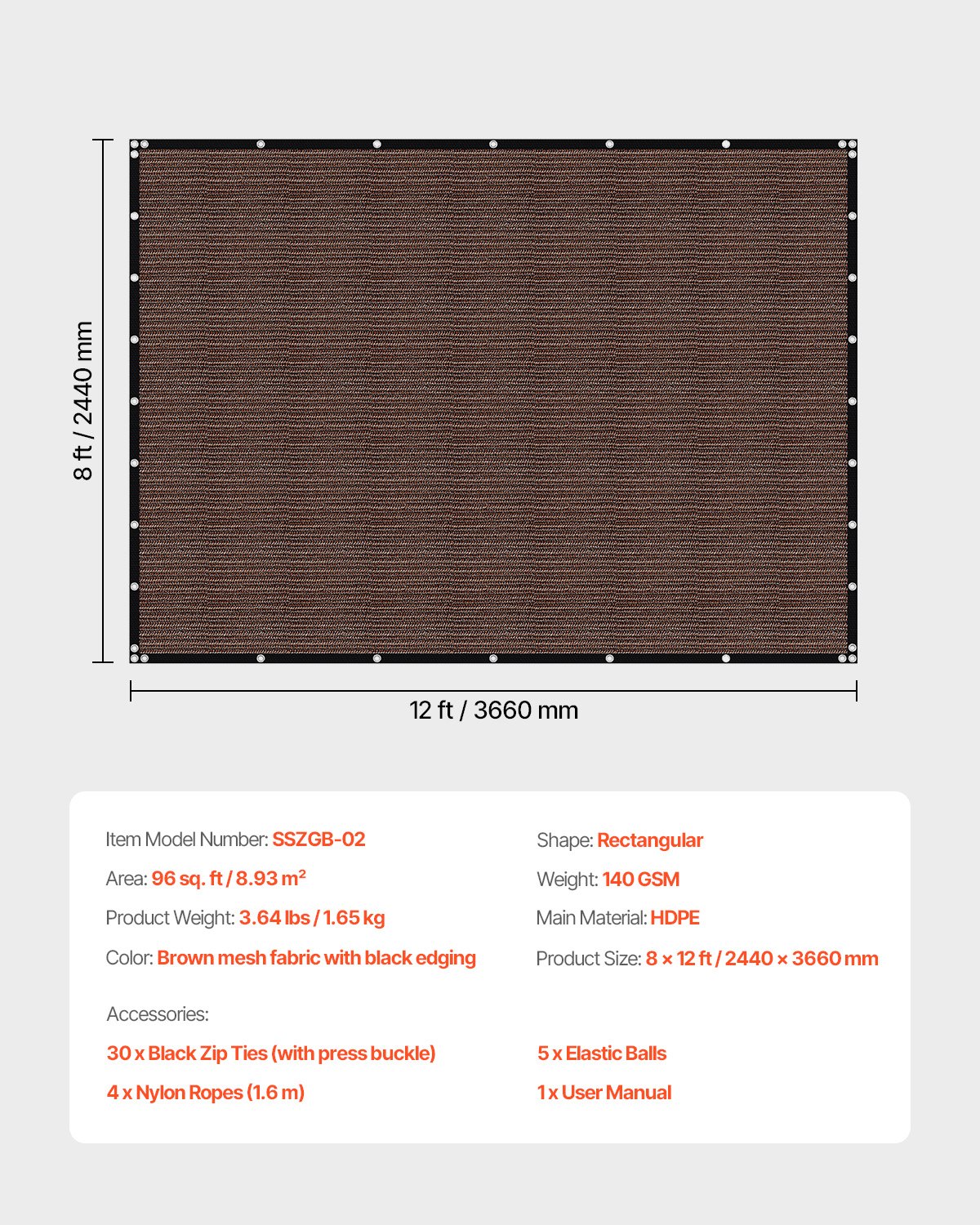 VEVOR 90% Sun Shade Cloth, 244 x 366 cm Pergola Shade Cover with Stainless Steel Grommets, Sun Shades Canopy Privacy Screen with 140 GSM HDPE Material, for Outdoor, Patio, Garden & Backyard (Brown)