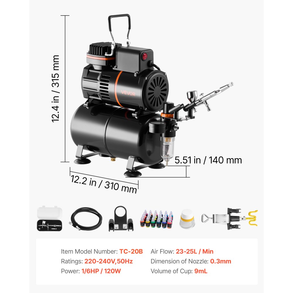 VEVOR Airbrush Kit, 1/6 HP, Air Brush Kit with Air Compressor and Tank, 1 Dual-Action Professional Airbrush with 1 Tip, Hose, Acrylic Paint, 2 Fans, for Cake Decorating, Model Painting, Nail Art