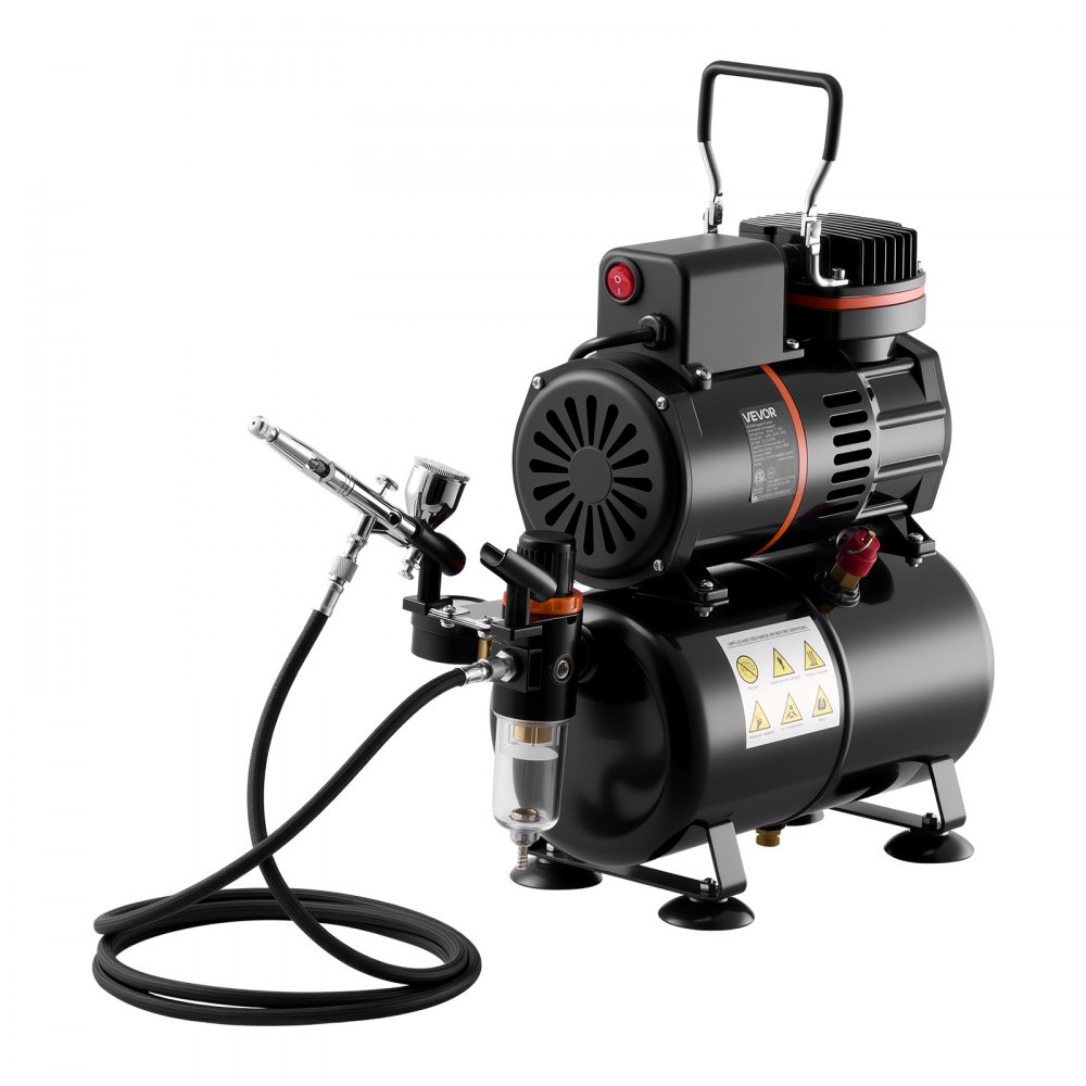 VEVOR Airbrush Kit, 1/6 HP, Air Brush Kit with Air Compressor and Tank, 1 Dual-Action Professional Airbrush with 1 Tip, Hose, Acrylic Paint, 2 Fans, for Cake Decorating, Model Painting, Nail Art