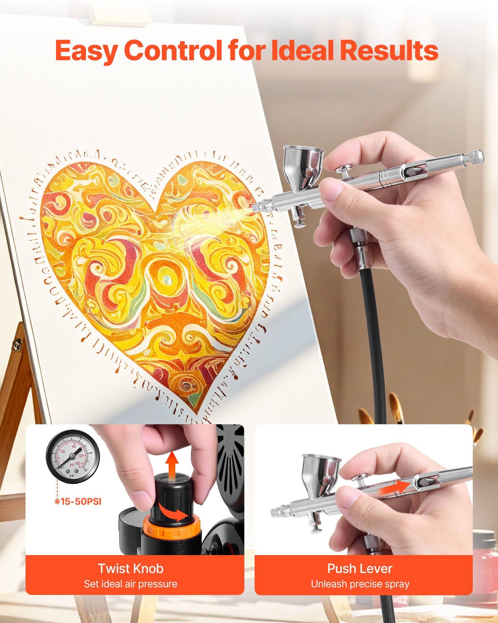VEVOR Airbrush Kit, 1/6 HP, Air Brush Kit with Air Compressor and Tank, 1 Dual-Action Professional Airbrush with 1 Tip, Hose, Acrylic Paint, 2 Fans, for Cake Decorating, Model Painting, Nail Art