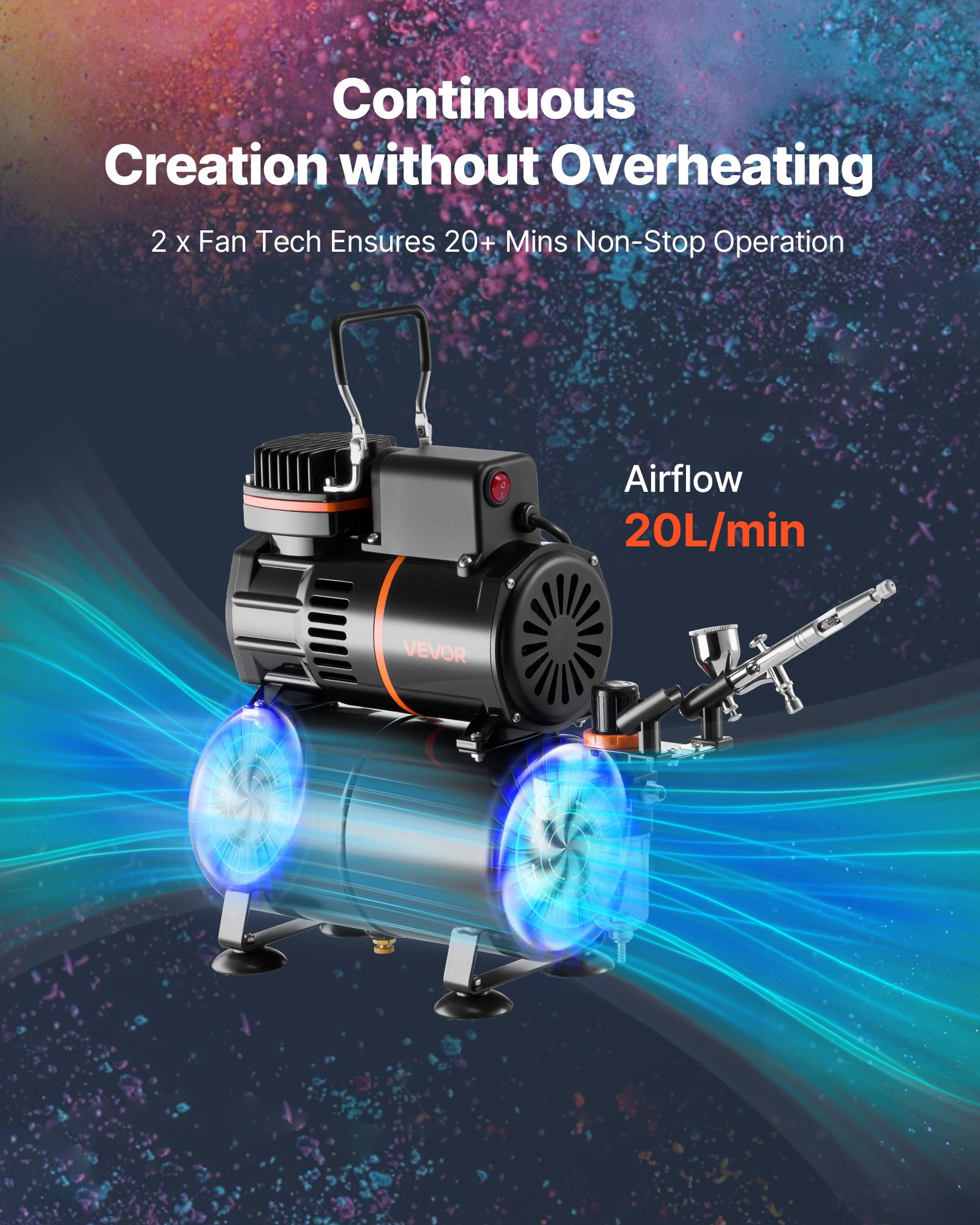VEVOR Airbrush Kit, 1/6 HP, Air Brush Kit with Air Compressor and Tank, 1 Dual-Action Professional Airbrush with 1 Tip, Hose, Acrylic Paint, 2 Fans, for Cake Decorating, Model Painting, Nail Art