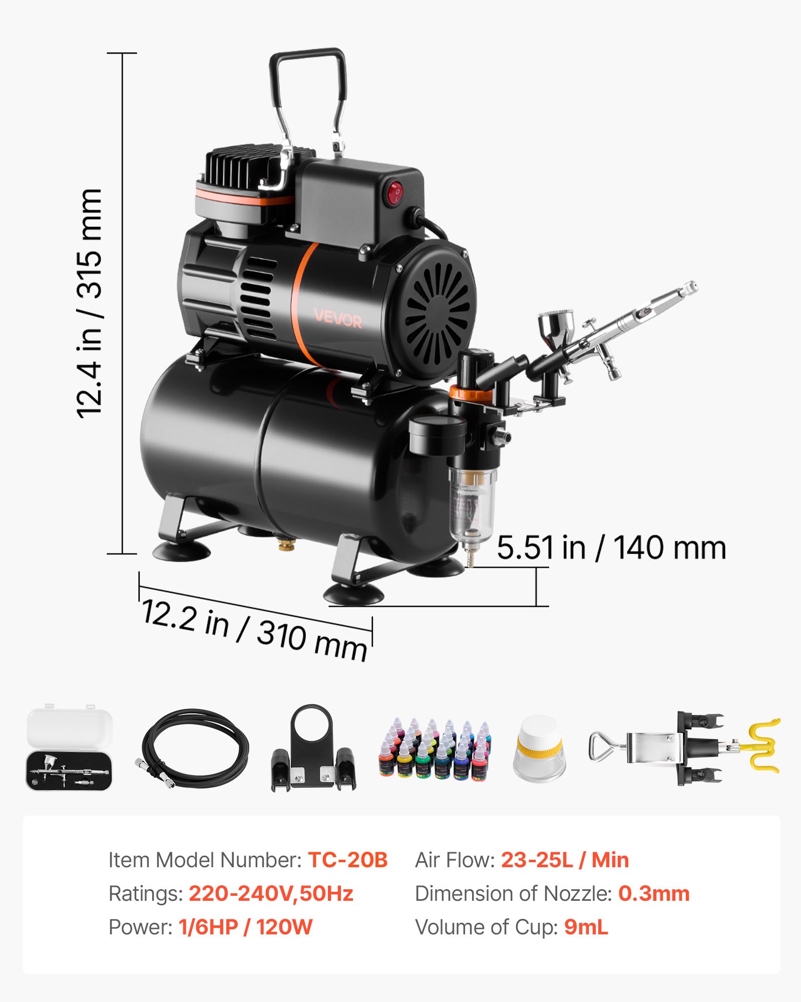 VEVOR Airbrush Kit, 1/6 HP, Air Brush Kit with Air Compressor and Tank, 1 Dual-Action Professional Airbrush with 1 Tip, Hose, Acrylic Paint, 2 Fans, for Cake Decorating, Model Painting, Nail Art