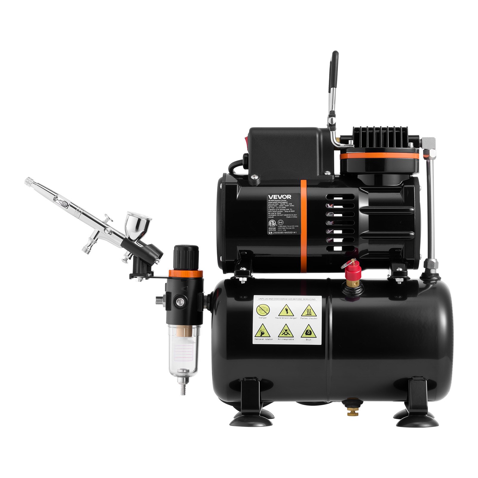 VEVOR Airbrush Kit, 1/6 HP, Air Brush Kit with Air Compressor and Tank, 1 Dual-Action Professional Airbrush with 1 Tip, Hose, Acrylic Paint, 2 Fans, for Cake Decorating, Model Painting, Nail Art