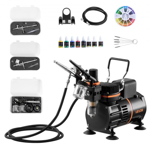 VEVOR Airbrush Kit, 1/6 HP, Air Brush Kit with Air Compressor, 3 Dual-Action Professional Airbrushes with 3 Tips, Hose, Acrylic Paint, 2 Fans, Low Noise, for Cake Decorating, Model Painting, Nail Art