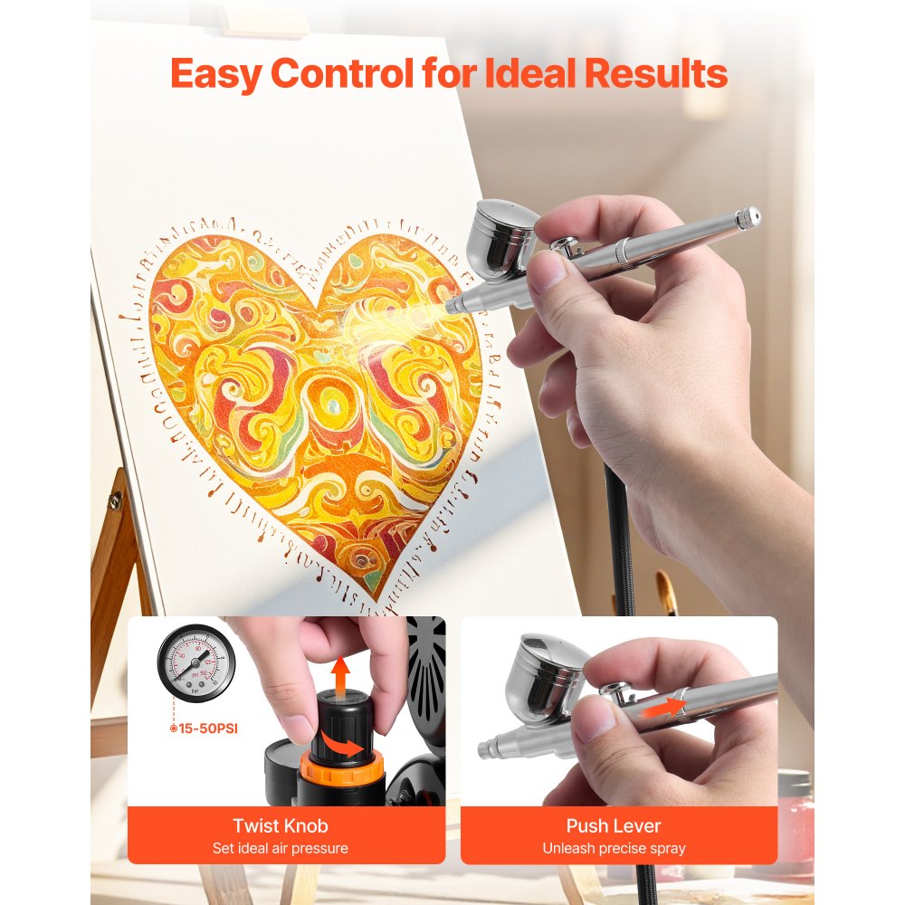 VEVOR Airbrush Kit, 1/6 HP, Air Brush Kit with Air Compressor and Tank, 3 Dual-Action Professional Airbrushes with 3 Tips, Hose, Acrylic Paint, 2 Fans, for Cake Decorating, Model Painting, Nail Art