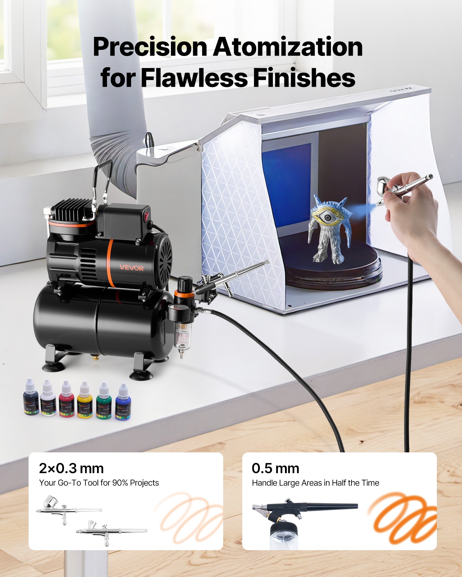 VEVOR Airbrush Kit, 1/6 HP, Air Brush Kit with Air Compressor and Tank, 3 Dual-Action Professional Airbrushes with 3 Tips, Hose, Acrylic Paint, 2 Fans, for Cake Decorating, Model Painting, Nail Art