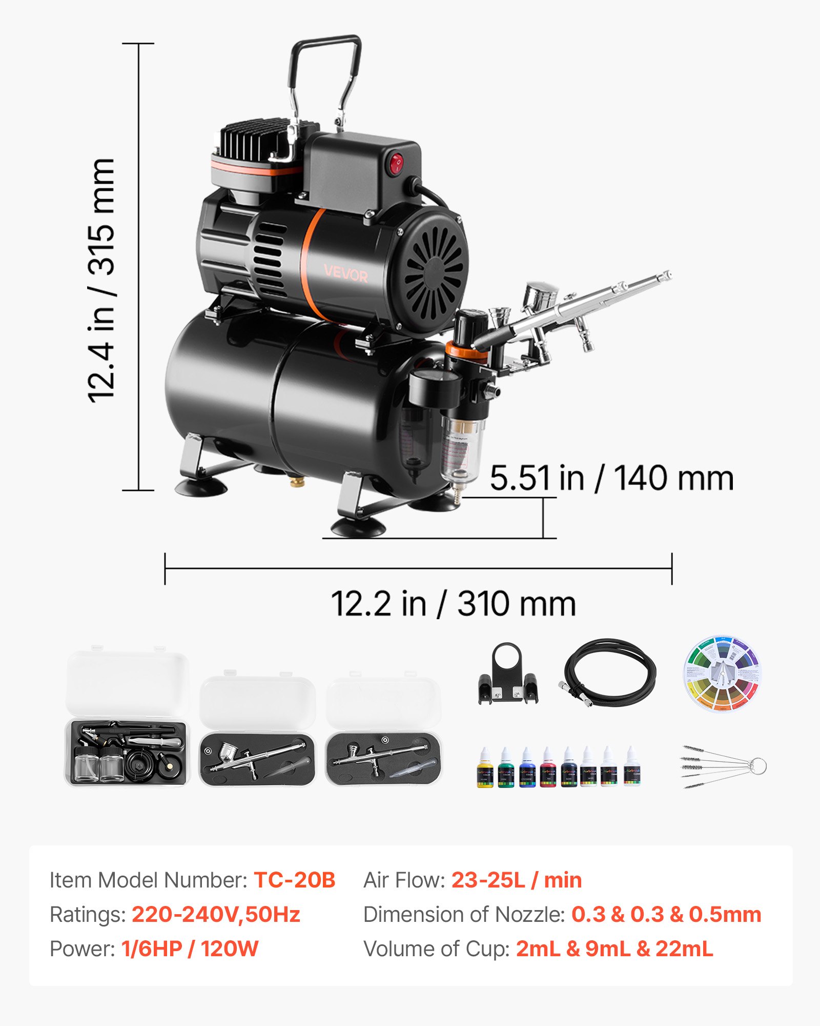 VEVOR Airbrush Kit, 1/6 HP, Air Brush Kit with Air Compressor and Tank, 3 Dual-Action Professional Airbrushes with 3 Tips, Hose, Acrylic Paint, 2 Fans, for Cake Decorating, Model Painting, Nail Art