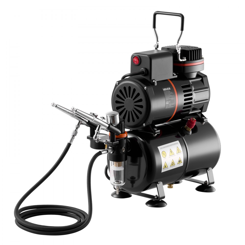 VEVOR Airbrush Kit, 1/6 HP, Air Brush Kit with Air Compressor and Tank, 3 Dual-Action Professional Airbrushes with 3 Tips, Hose, Acrylic Paint, 2 Fans, for Cake Decorating, Model Painting, Nail Art