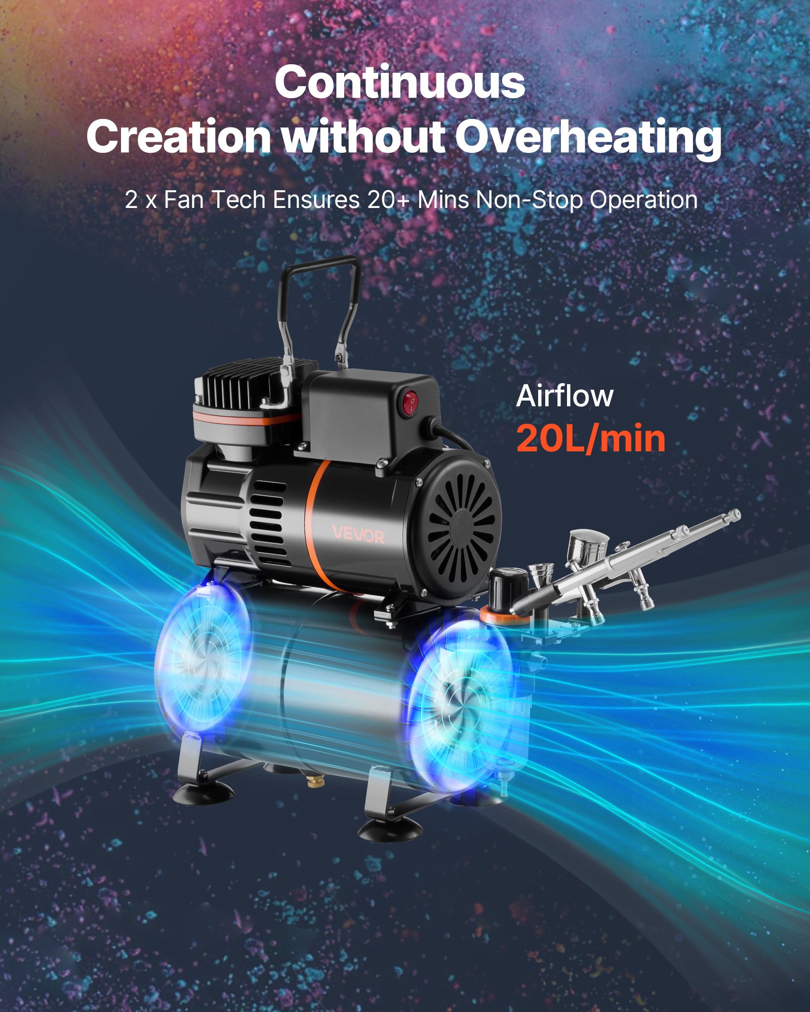 VEVOR Airbrush Kit, 1/6 HP, Air Brush Kit with Air Compressor and Tank, 3 Dual-Action Professional Airbrushes with 3 Tips, Hose, Acrylic Paint, 2 Fans, for Cake Decorating, Model Painting, Nail Art