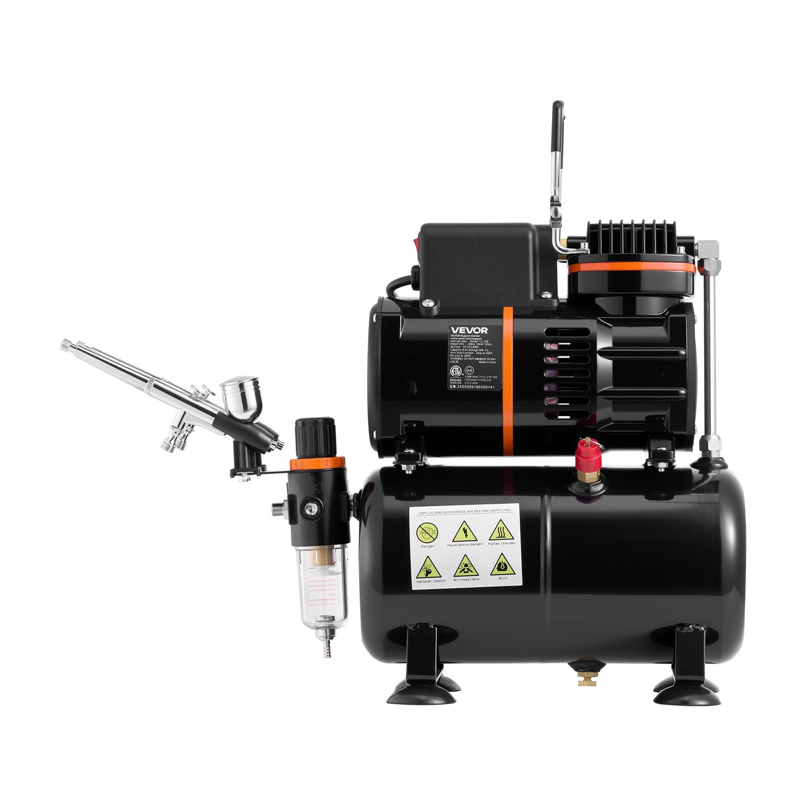 VEVOR Airbrush Kit, 1/6 HP, Air Brush Kit with Air Compressor and Tank, 3 Dual-Action Professional Airbrushes with 3 Tips, Hose, Acrylic Paint, 2 Fans, for Cake Decorating, Model Painting, Nail Art