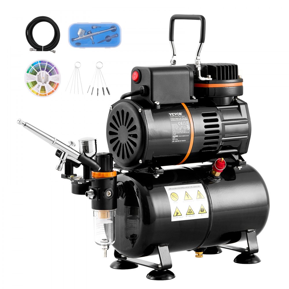 VEVOR airbrush kit with compressor, paintbrush, hose, cleaning needles, and color wheel