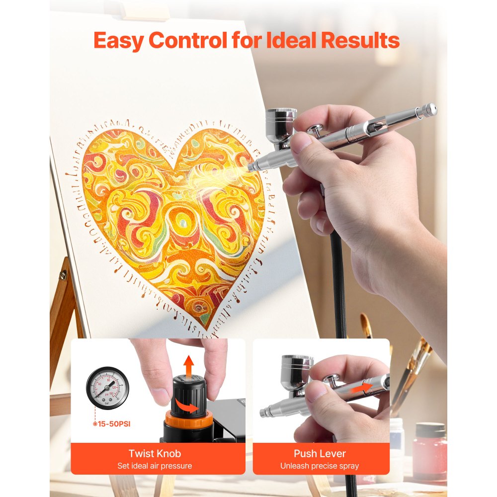 VEVOR Airbrush Kit, 1/6 HP, Air Brush Kit with Air Compressor, 1 Dual-Action Professional Airbrush with 3 Tips, Hose, Acrylic Paint, Brush, Low Noise, for Cake Decorating, Model Painting, Nail Art