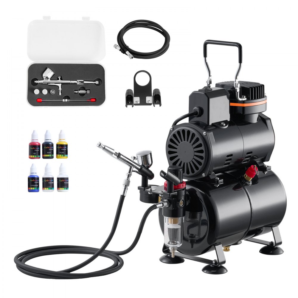 VEVOR Airbrush Kit, 1/6 HP, Air Brush Kit with Air Compressor and Tank, 1 Dual-Action Professional Airbrush with 3 Tips, Acrylic Paint, Low Noise, for Cake Decorating, Model Painting, Nail Art