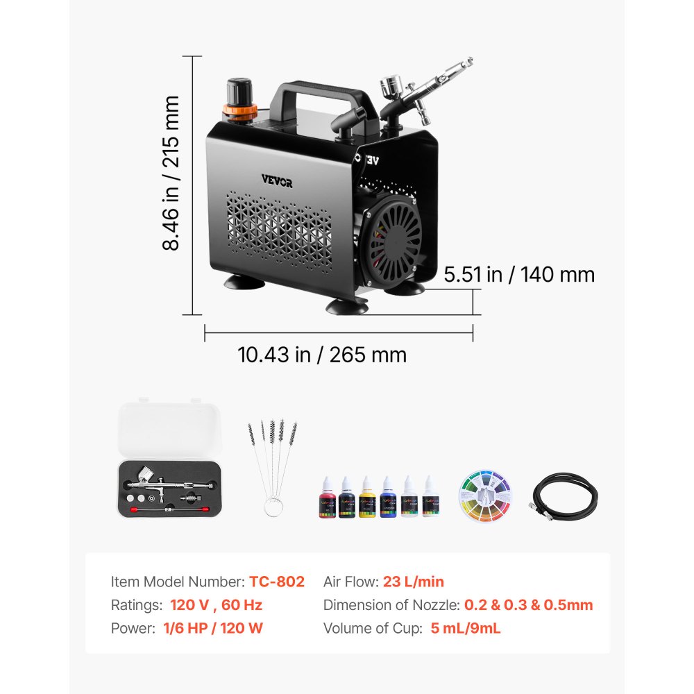 VEVOR Airbrush Kit, 1/6 HP, Air Brush Kit with Air Compressor, 1 Dual-Action Professional Airbrush with 3 Tips, Hose, Acrylic Paint, Brush, Low Noise, for Cake Decorating, Model Painting, Nail Art