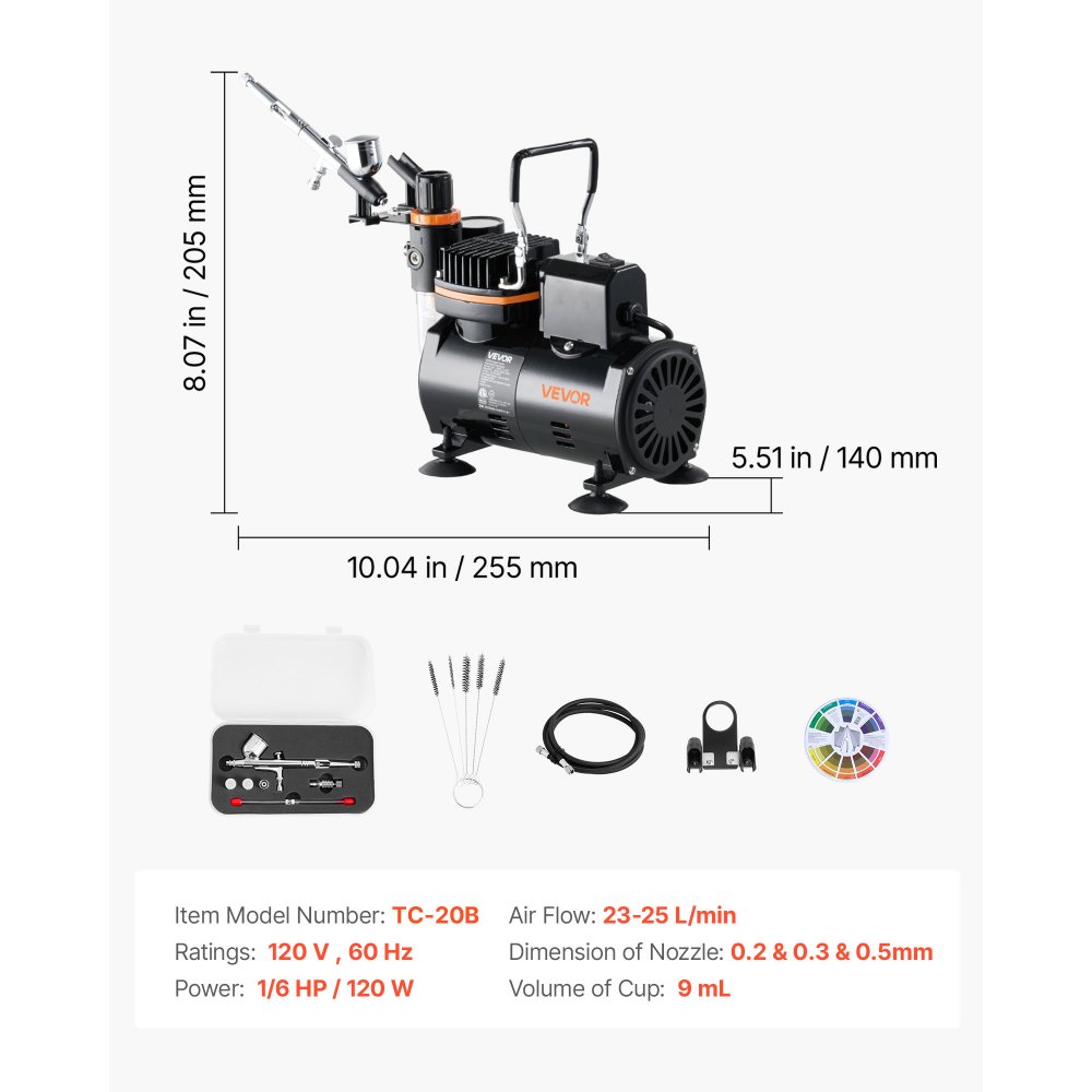 VEVOR Airbrush Kit, 1/6 HP, Air Brush Kit with Air Compressor, 1 Dual-Action Professional Airbrush with 3 Tips, Hose, Holder, Cleaning Set, Low Noise, for Cake Decorating, Model Painting, Nail Art
