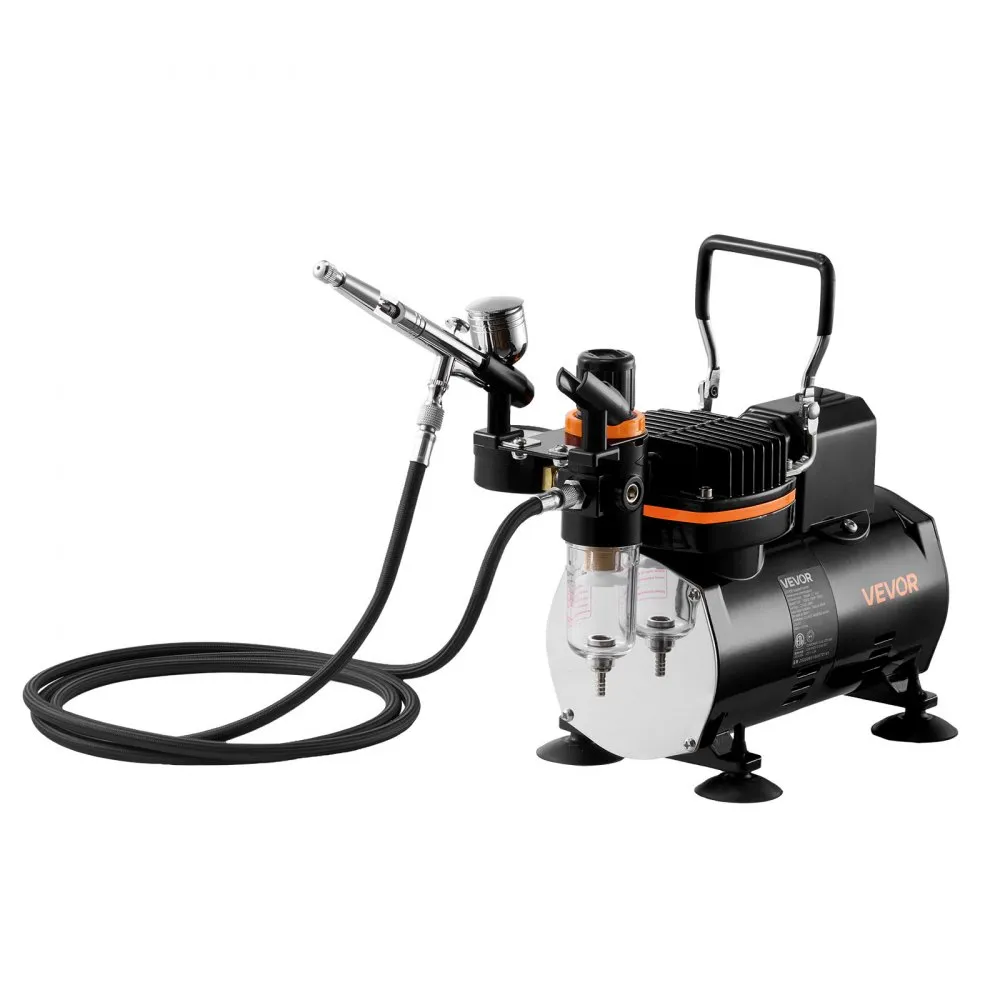 VEVOR Airbrush Kit, 1/6 HP, Air Brush Kit with Air Compressor, 1 Dual-Action Professional Airbrush with 3 Tips, Hose, Holder, Cleaning Set, Low Noise, for Cake Decorating, Model Painting, Nail Art