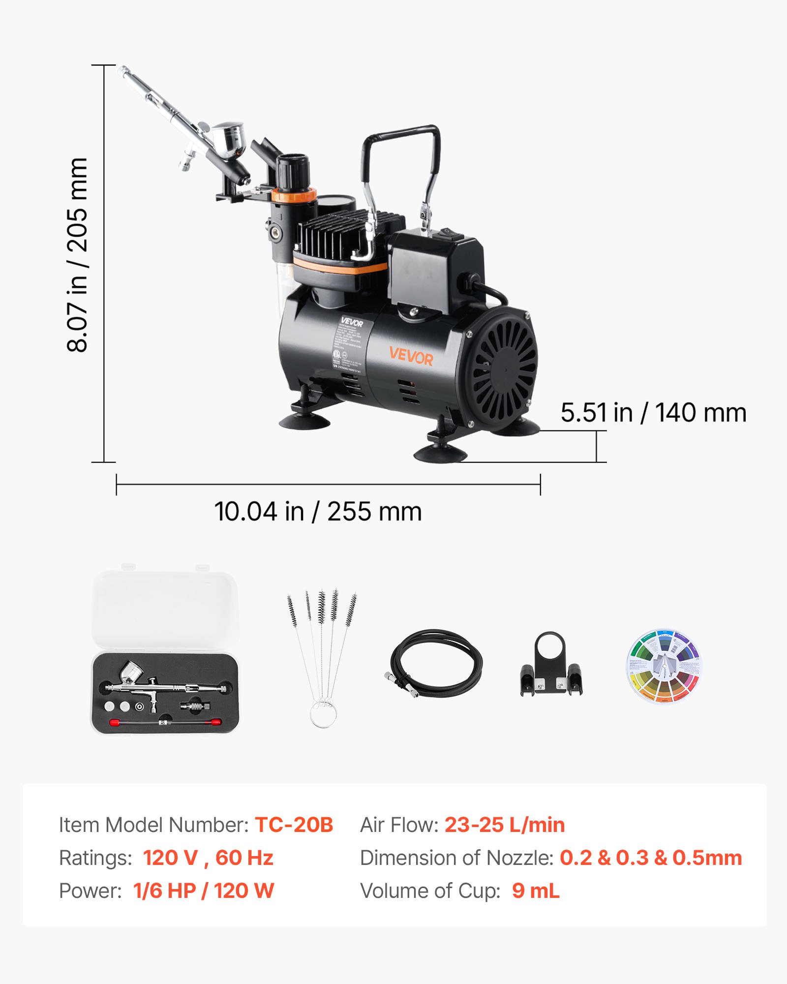 VEVOR Airbrush Kit, 1/6 HP, Air Brush Kit with Air Compressor, 1 Dual-Action Professional Airbrush with 3 Tips, Hose, Holder, Cleaning Set, Low Noise, for Cake Decorating, Model Painting, Nail Art