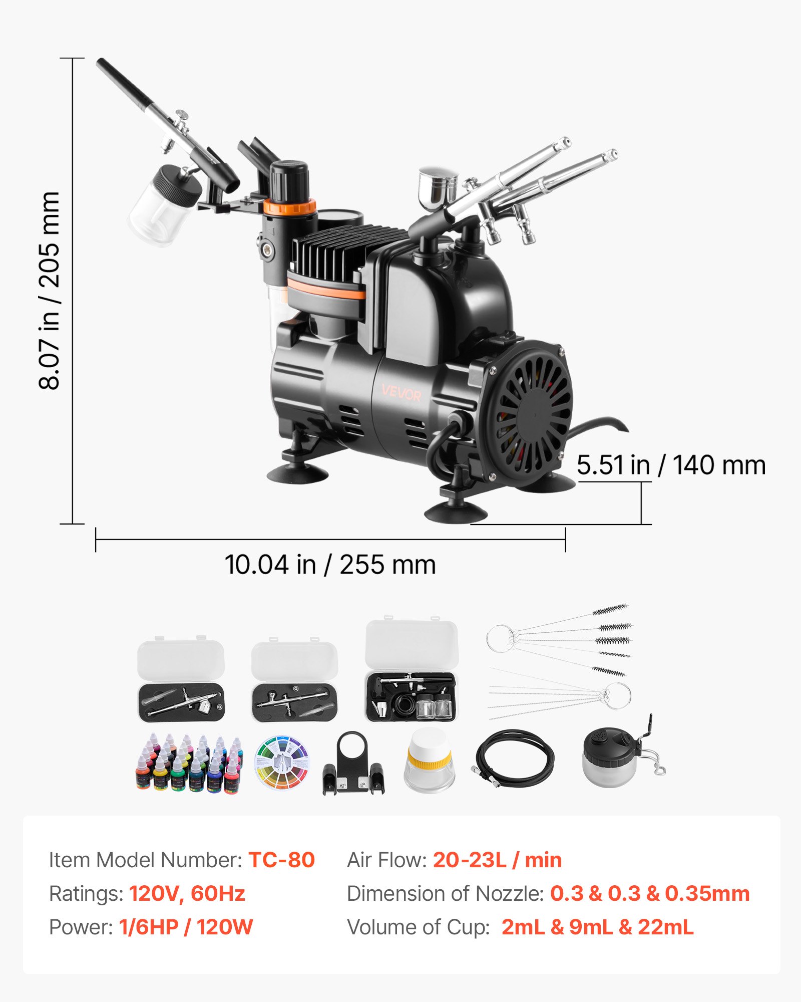 VEVOR Airbrush Kit, 1/6 HP, Air Brush Kit with Air Compressor, 3 Dual-Action Professional Airbrushes with 3 Tips, Hose, Acrylic Paint, Brush, Low Noise, for Cake Decorating, Model Painting, Nail Art
