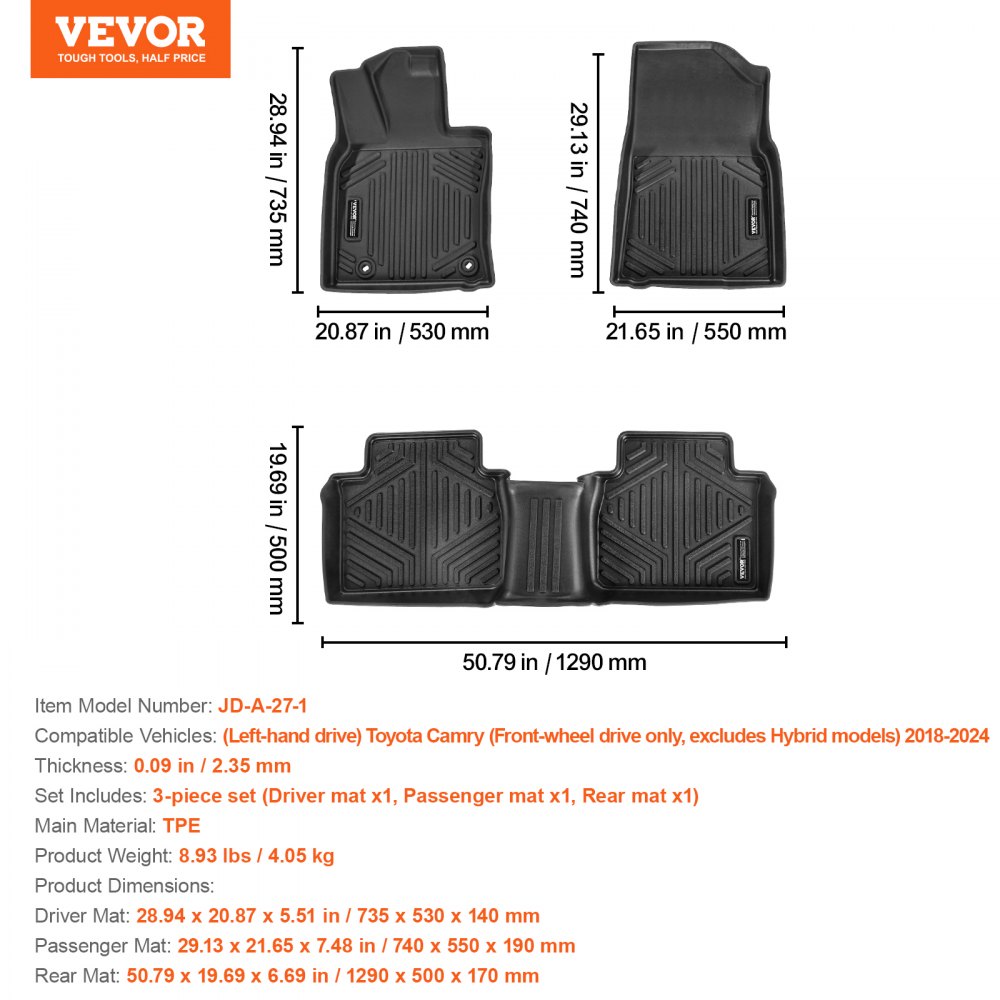 VEVOR Automotive Floor Mats, Fits for Toyota Camry 2018-2024, 3 pcs Front and 2nd Row Liners, All Weather Custom Fit TPE Vehicle Floor Mats, Easy to Clean and Secure Floor Liners for SUV, Black