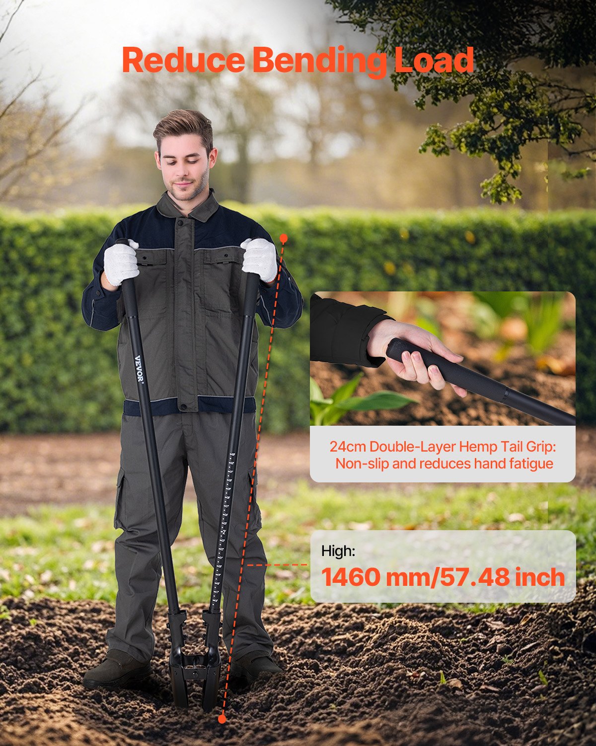 VEVOR Post Hole Digger, Heavy Duty Post Hole Digger with Fiberglass Handle, Manual Hole Digger with Scale Markings and Metal Blade, Post Hole Digger Tool for Digging Gardening and Outdoors, 57.5-Inch