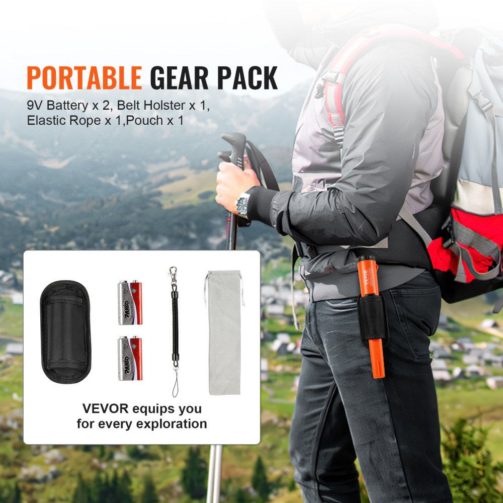 VEVOR Metal Detector Pinpointer, IP68 Fully Waterproof Handheld Pin Pointer Wand, 114mm/4.5" Detection Depth, 3 Modes, Professional Treasure Hunting Probe with Holster and 9V Battery, for Adults and Kids