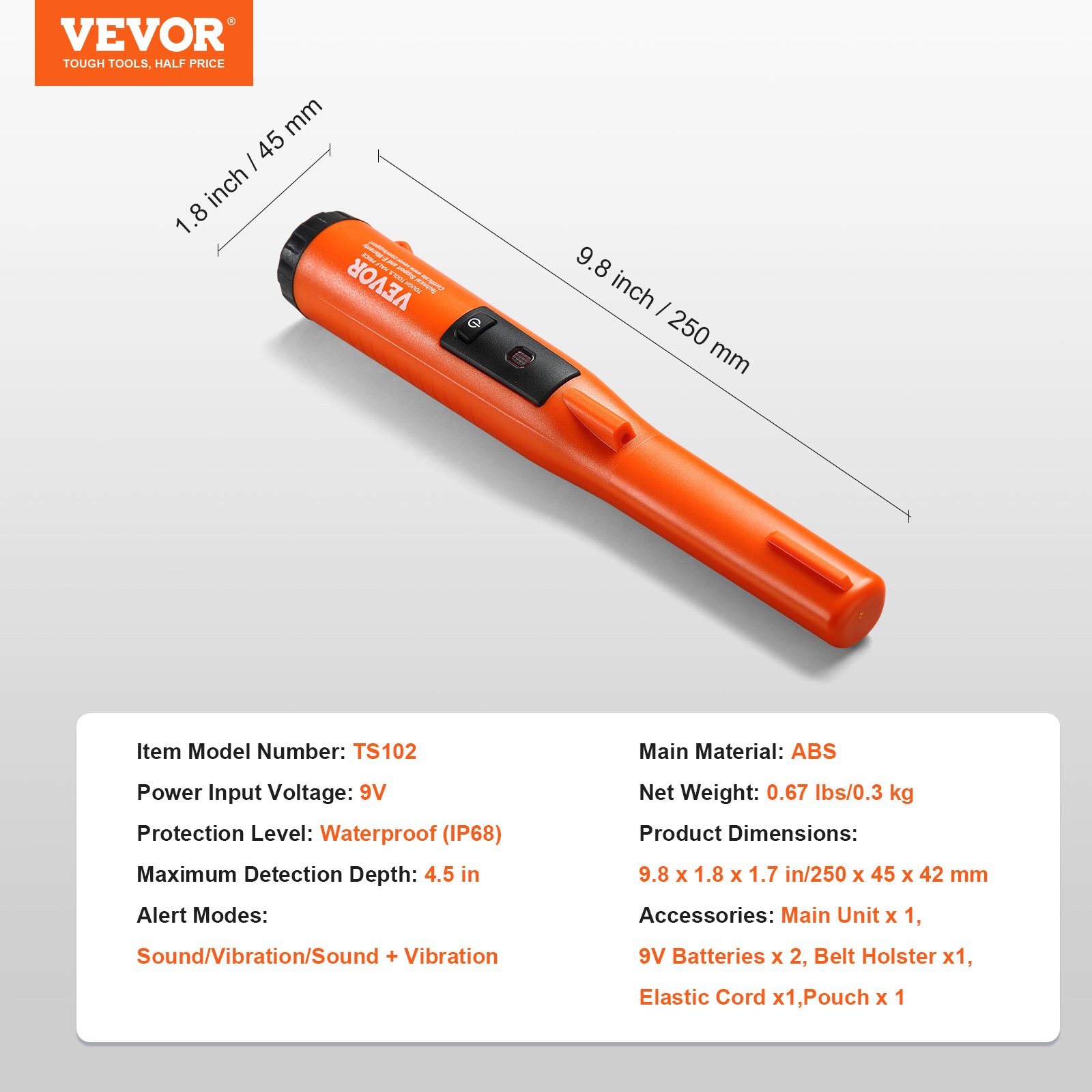VEVOR Metal Detector Pinpointer, IP68 Fully Waterproof Handheld Pin Pointer Wand, 4.5" Detection Depth, 3 Modes, Professional Treasure Hunting Probe with Holster and 9V Battery, for Adults and Kids
