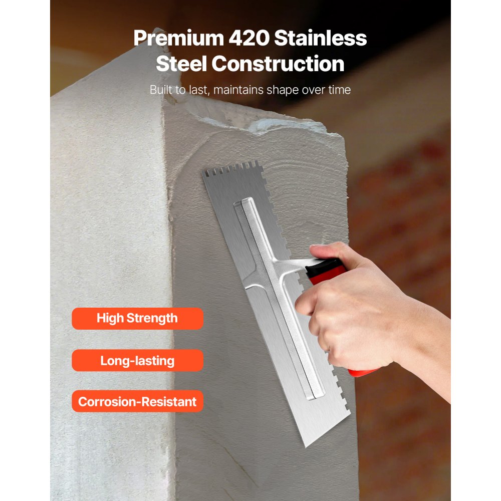 VEVOR Tile Tools, Stainless Steel Squared Notch Tile and Flooring Trowel, 10.9 x 4.4 in Pro Grade Drywall Tool, Ergonomic Rubber Grip Comfort Handle, for Apply, Spread, Flatten, Smooth, Polish