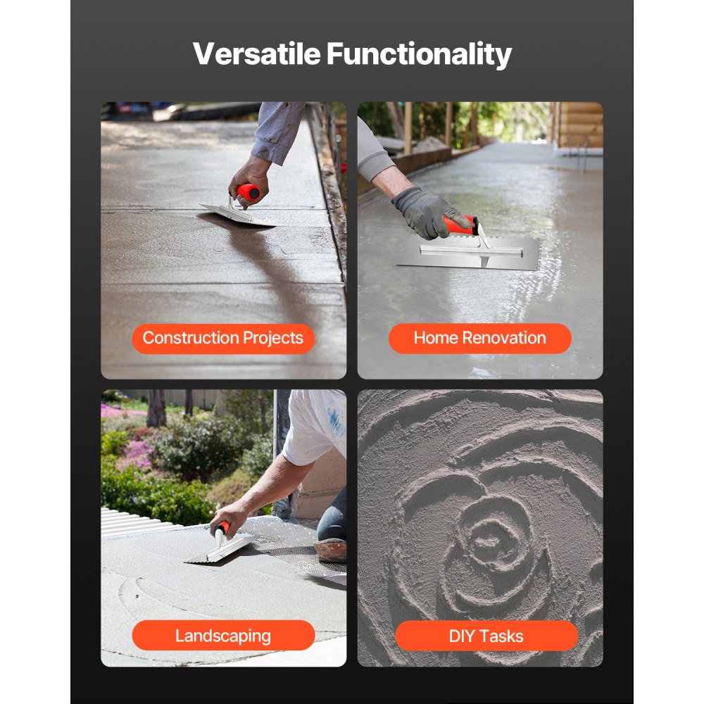 VEVOR Tile Tools, Stainless Steel Squared Notch Tile and Flooring Trowel, 10.9 x 4.4 in Pro Grade Drywall Tool, Ergonomic Rubber Grip Comfort Handle, for Apply, Spread, Flatten, Smooth, Polish