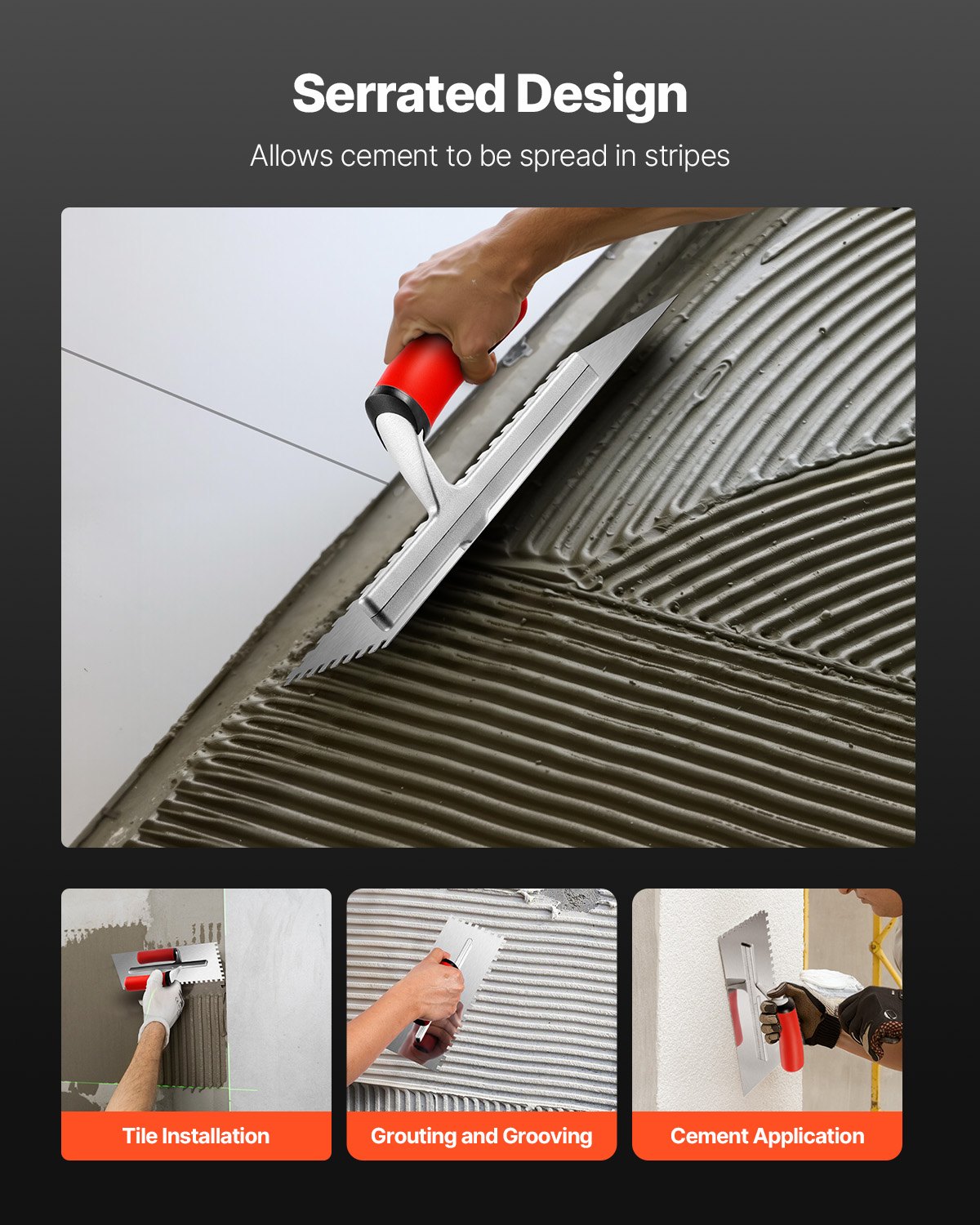 VEVOR Tile Tools, Stainless Steel Squared Notch Tile and Flooring Trowel, 10.9 x 4.4 in Pro Grade Drywall Tool, Ergonomic Rubber Grip Comfort Handle, for Apply, Spread, Flatten, Smooth, Polish