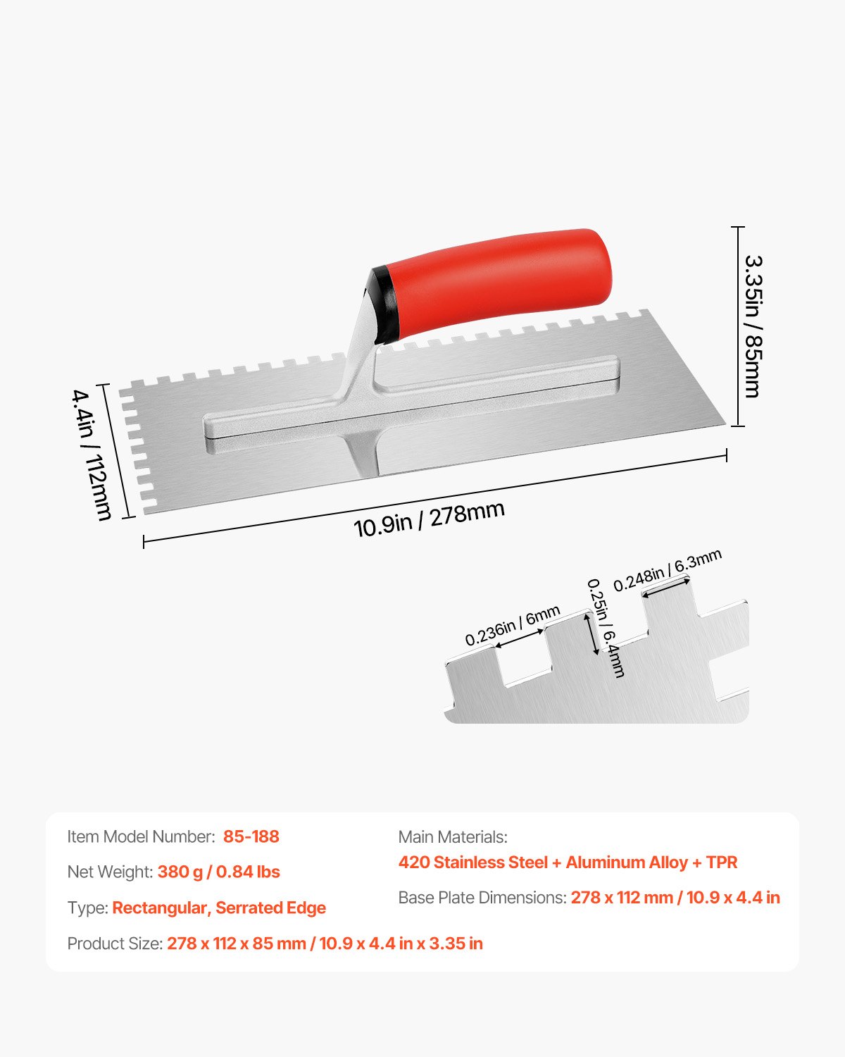 VEVOR Tile Tools, Stainless Steel Squared Notch Tile and Flooring Trowel, 10.9 x 4.4 in Pro Grade Drywall Tool, Ergonomic Rubber Grip Comfort Handle, for Apply, Spread, Flatten, Smooth, Polish