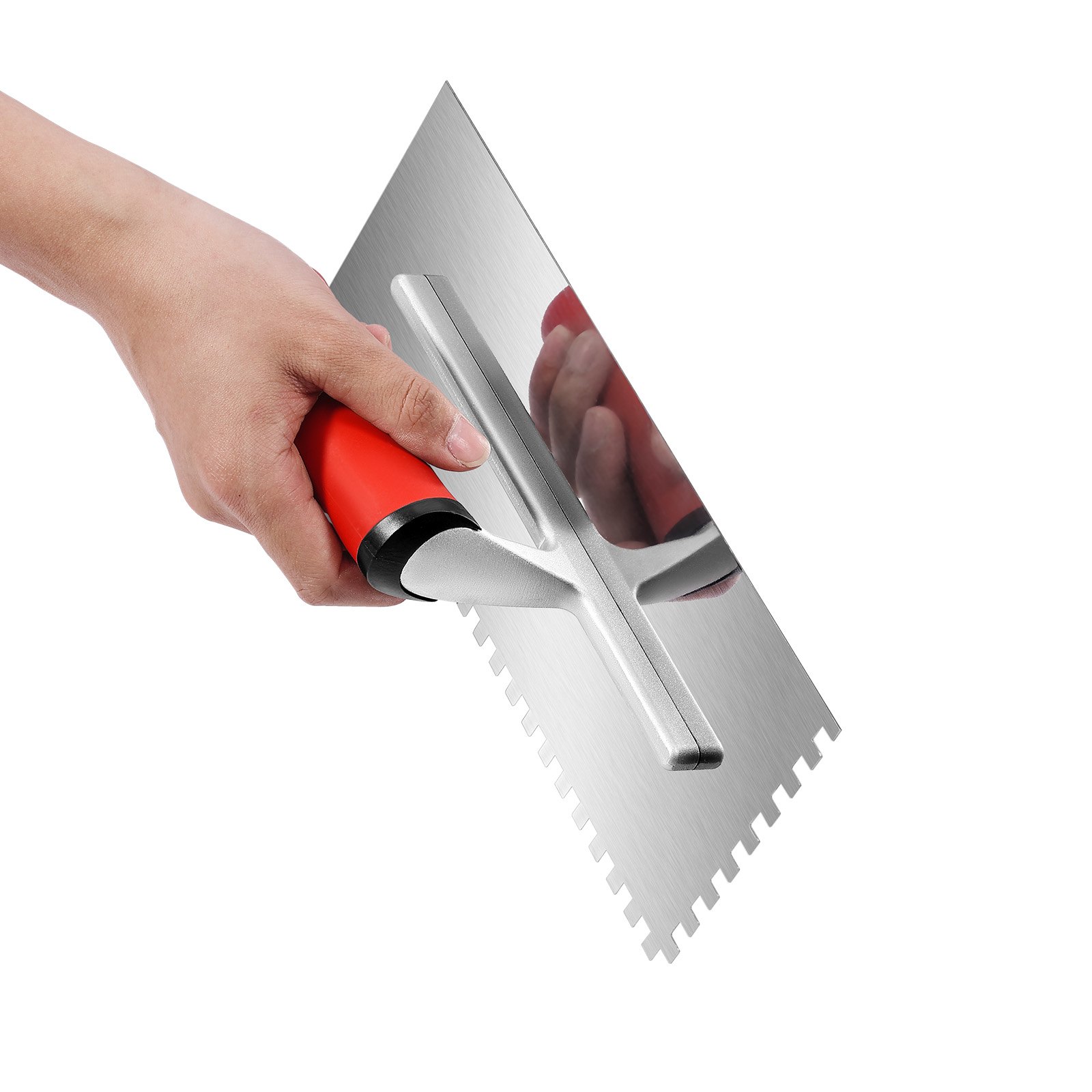 VEVOR Tile Tools, Stainless Steel Squared Notch Tile and Flooring Trowel, 10.9 x 4.4 in Pro Grade Drywall Tool, Ergonomic Rubber Grip Comfort Handle, for Apply, Spread, Flatten, Smooth, Polish