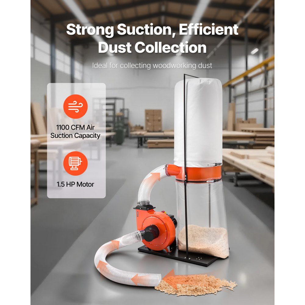 VEVOR Dust Collector, 1100 CFM 2.5 Micron Vortex Cone Dust Collectors, 1.5HP Sawdust Collection System with 35-Gallon Dusts Collector Bag & 42-Gallon Filter Bag, 3400 RPM High Speed, for Woodworking