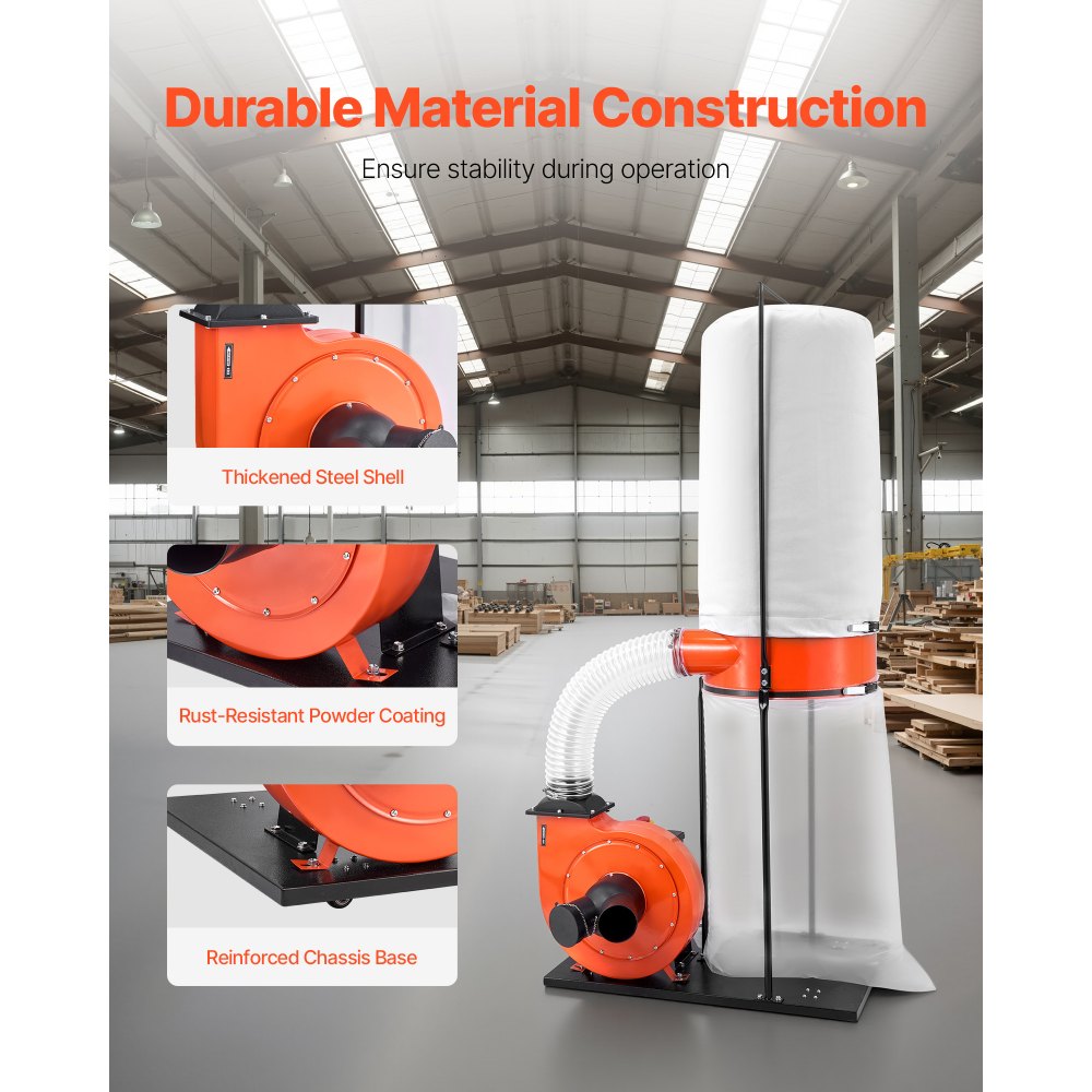 VEVOR Dust Collector, 1100 CFM 2.5 Micron Vortex Cone Dust Collectors, 1.5HP Sawdust Collection System with132.5L Dusts Collector Bag & 159L Filter Bag, 2800 RPM High Speed, for Wood Chips