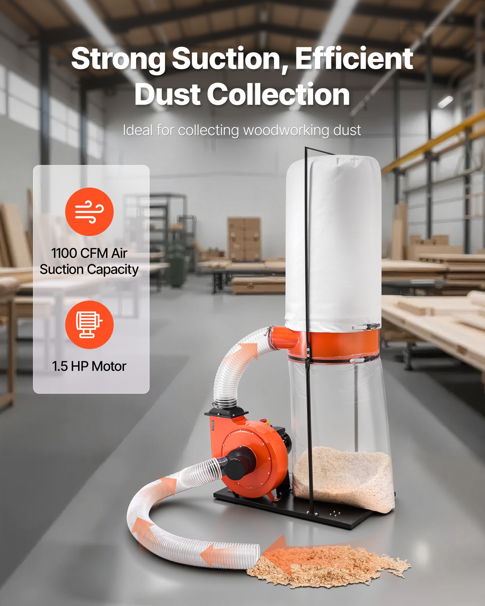 VEVOR Dust Collector, 1100 CFM 2.5 Micron Vortex Cone Dust Collectors, 1.5HP Sawdust Collection System with132.5L Dusts Collector Bag & 159L Filter Bag, 2800 RPM High Speed, for Wood Chips