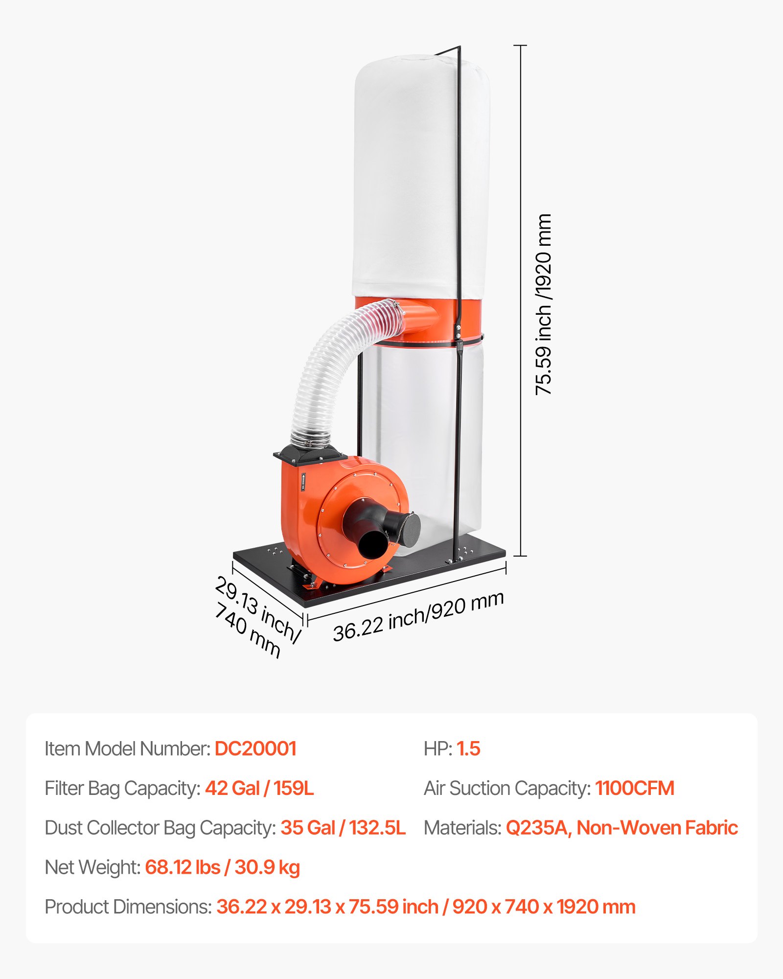 VEVOR Dust Collector, 1100 CFM 2.5 Micron Vortex Cone Dust Collectors, 1.5HP Sawdust Collection System with132.5L Dusts Collector Bag & 159L Filter Bag, 2800 RPM High Speed, for Wood Chips