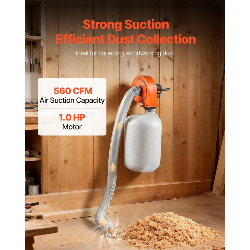 VEVOR Dust Collector, Wall Mount Dust Collector 1 HP, 560 CFM Woodworking Dusts Collectors with 2.5 Micron Dusts Collectors Bag, Sawdust Collector for Woodworking/Workshop, Industrial Factories