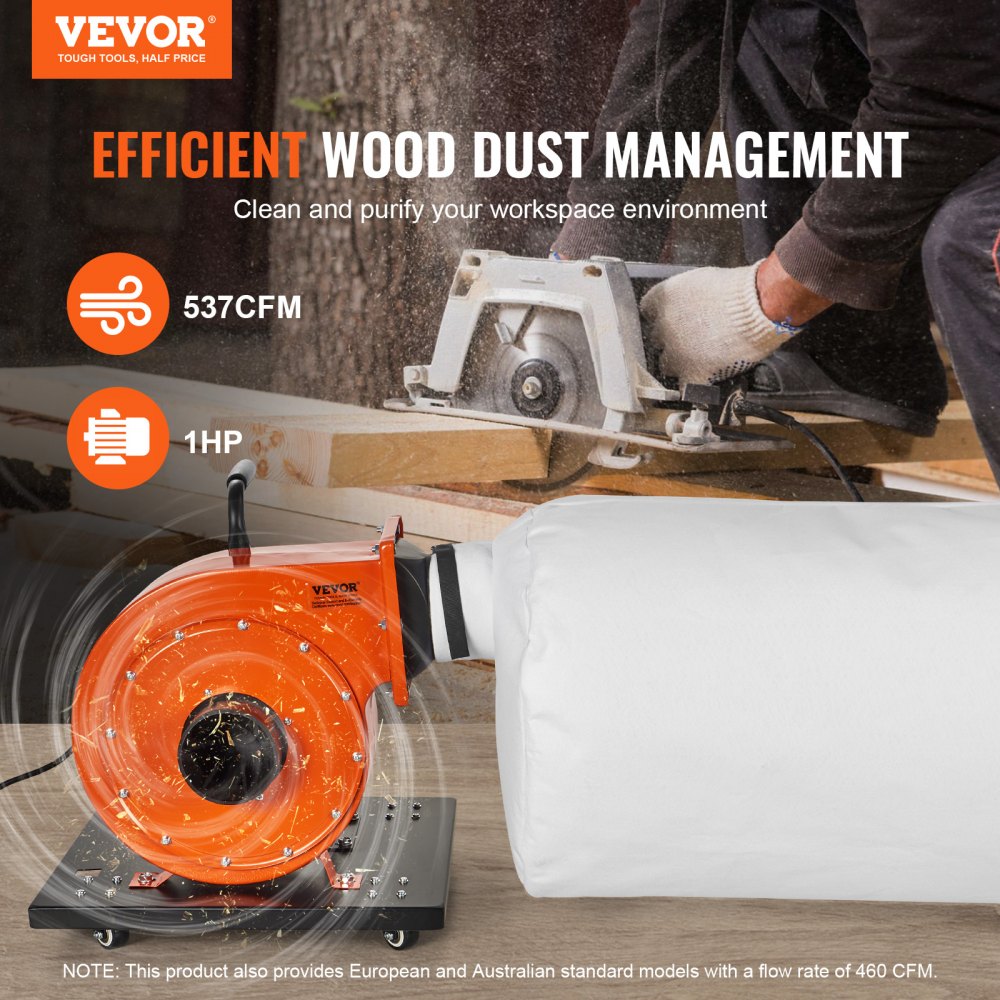 VEVOR Dust Collector, 781.54 m³/h Air Flow, Rolling Dust Collector with 80-Liter Dust Collection Bag, 2.5 Micron Bag Filtration, Industrial Workshop Mobile Wood Dust Container with Handle and Wheels