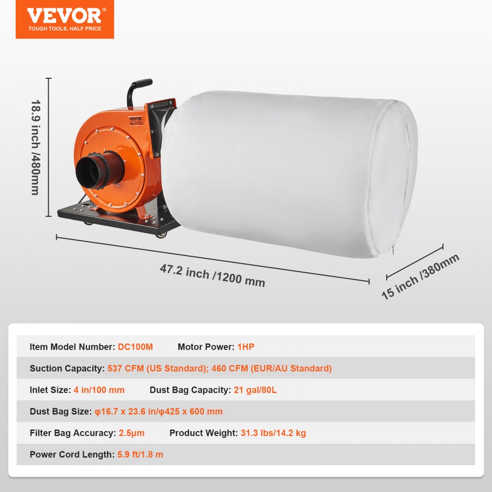 VEVOR Dust Collector, 781.54 m³/h Air Flow, Rolling Dust Collector with 80-Liter Dust Collection Bag, 2.5 Micron Bag Filtration, Industrial Workshop Mobile Wood Dust Container with Handle and Wheels