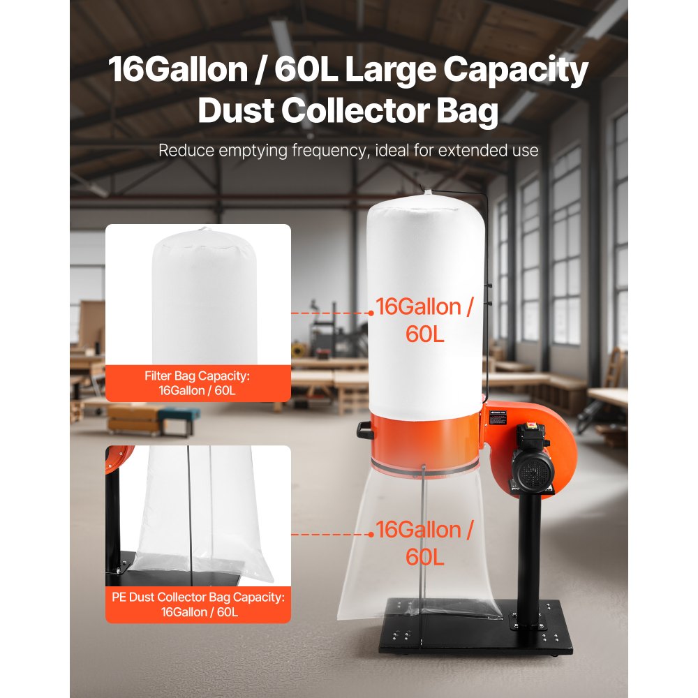 VEVOR Dust Collector, 800 CFM 2.5 Micron Vortex Cone Dust Collectors, 1HP Sawdust Collection System with 60L Dusts Collector Bag, Filter Bag, and Casters, 2800 RPM High Speed, for Woodworking