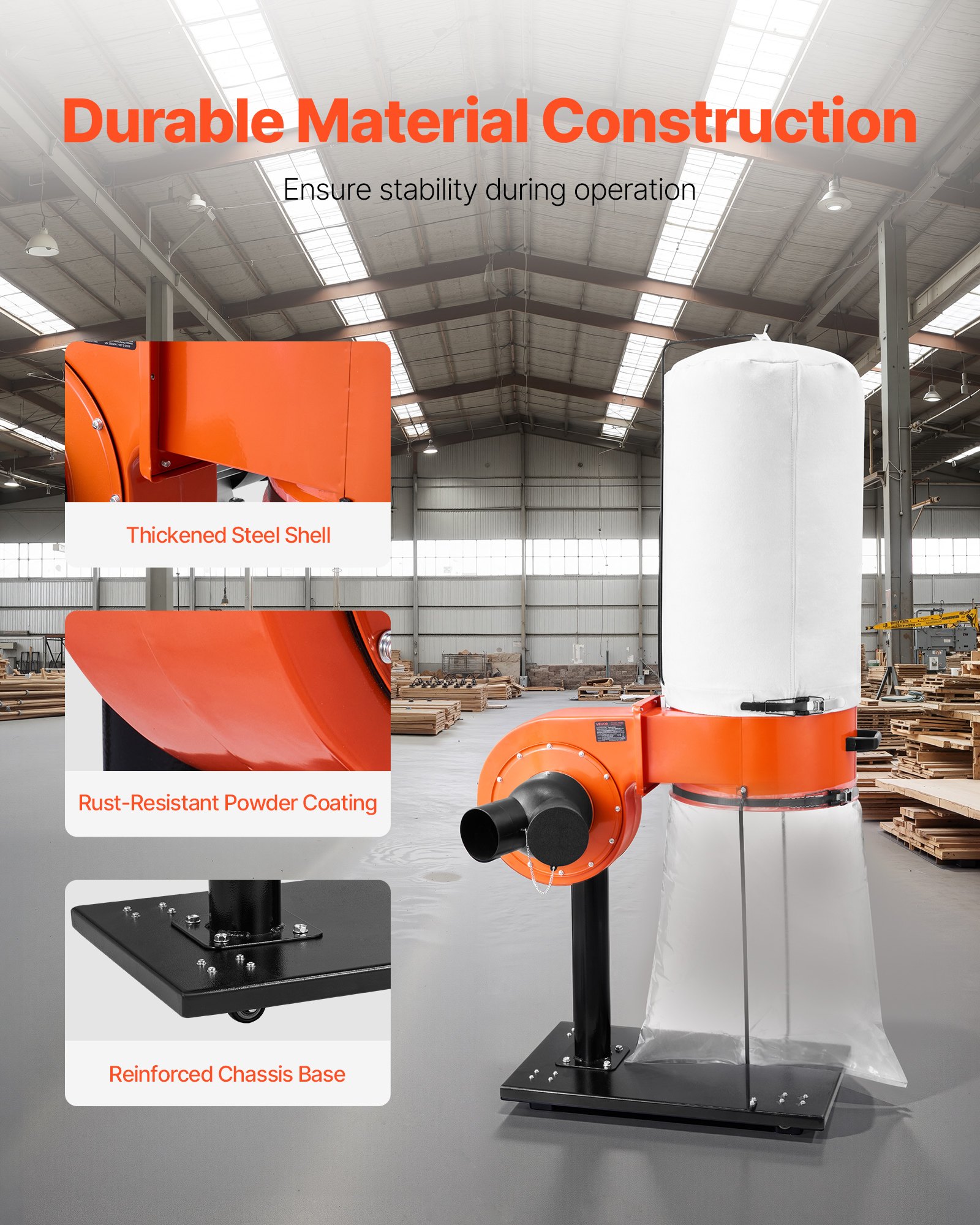 VEVOR Dust Collector, 800 CFM 2.5 Micron Vortex Cone Dust Collectors, 1HP Sawdust Collection System with 60L Dusts Collector Bag, Filter Bag, and Casters, 2800 RPM High Speed, for Woodworking