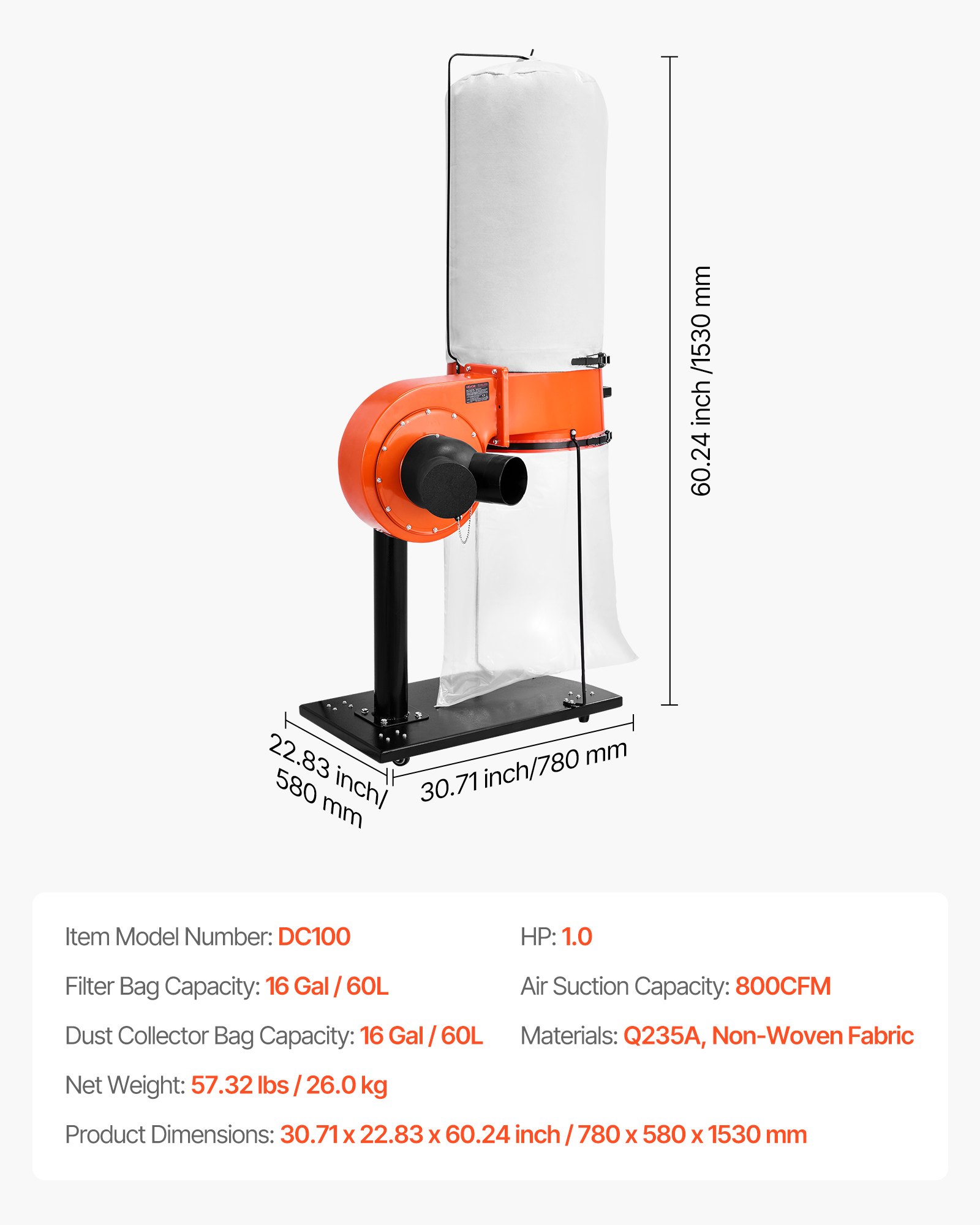 VEVOR Dust Collector, 800 CFM 2.5 Micron Vortex Cone Dust Collectors, 1HP Sawdust Collection System with 60L Dusts Collector Bag, Filter Bag, and Casters, 2800 RPM High Speed, for Woodworking