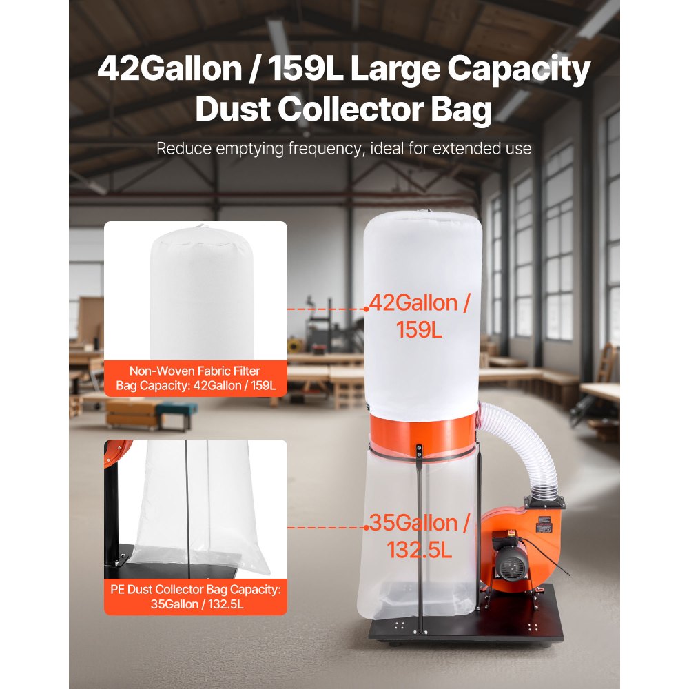 VEVOR Dust Collector, 1200 CFM 2.5 Micron Vortex Cone Dust Collectors, 2.0HP Sawdust Collection System with 132.5L Dusts Collector Bag & 159L Filter Bag, 2800 RPM High Speed, for Woodworking